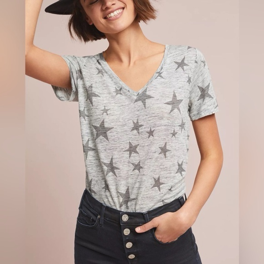 Rails Linen V Neck Top Shirt Tee Cara Gray Star Short Sleeve Size S